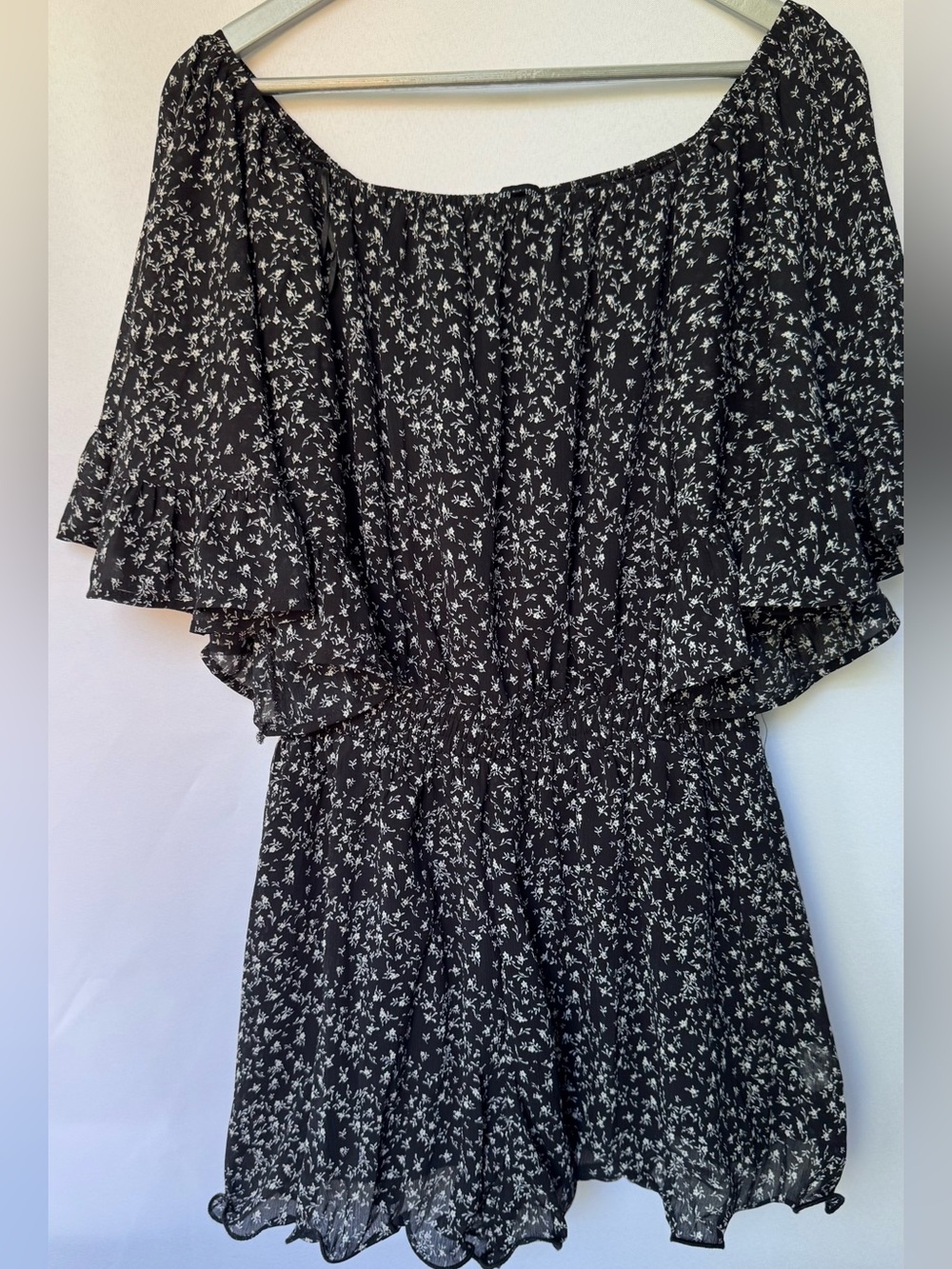 Free the Roses - Black Romper with White Floral Print
